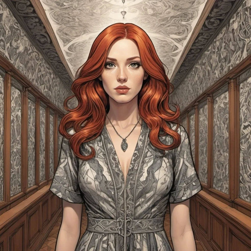 Prompt: Graphic novel style,  vector style, 
 beautiful redheaded woman in hall, snakes patterns dress in m.c.escher style, neclace , long and extreme straight hair, the style of milo manara 