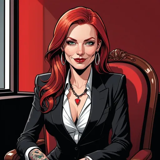 Prompt: Graphic novel illustration, vector style, 35-years-old redheaded femme fatale, very long very straight hair, black suit with white shirt und red tie, sitting on chair, red wall, diabolic smile, necklace, earrings, rings, tattoos, high quality, detailed, vector style, noir, vibrant color tones, dramatic lighting