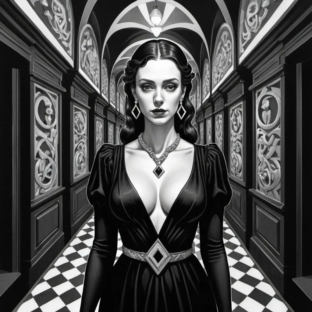Prompt: M.c.Escher style illustration,  a 35-year-old woman in black gown, upper body , cleavage, neclace , earrings,  rings ,infinite hallway