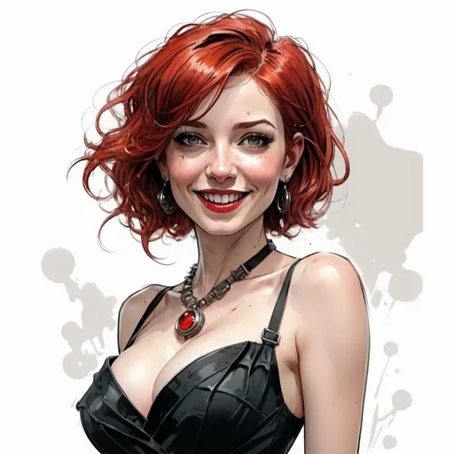 Prompt: Comic book style , Very beautiful 30-year-old Lady, very Short red hair, big Nose, black pleated dress, cleavage, pleated skirt, red belt, red lips, neclace, earrings, red Shoes, dark eyelashes, smiling, amorouse Facial expression, Looking up at the Camera From below , white background,  Cartoon Illustration, thick line art, soul, digital illustration, comic book style, steampunk noir, perfect anatomy, centered, approaching perfection, dynamic, highly detailed, watercolor painting, artstation, concept art, soft, sharp focus, illustration, art by Carne Griffiths and Wadim Kashin