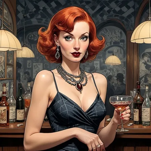 Prompt: Will eisner style,50s  cartoon style, 
 beautiful  40-year-old redheaded woman at a cocktail-party, ants patterns dress in m.c.escher style,  neclace , dark red lips , Make-up,  short and extreme straight hair ,  the style of milo manara 