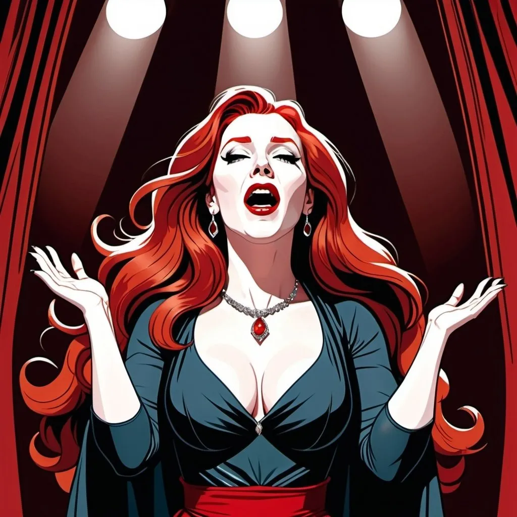 Prompt: vector art, graphic novel style,  35-years-old redhaired woman singing on an Opera stage , long and extreme straight hair, arms up , belt , red lips , neclace 