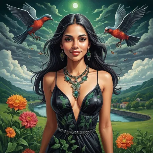 Prompt: M.C. Escher style artwork of a beautiful Peruvian woman in a black shiny dress, holding colorful flowers in an infinite green field, with a diabolic smile, wearing a necklace and bracelet, with a prominent cleavage, long extremely straight hair, upper body view, under night setting, with clouds, trees, birds, a bridge, river, high-quality, detailed, surreal, harmonic color scheme, intricate patterns, atmospheric lighting