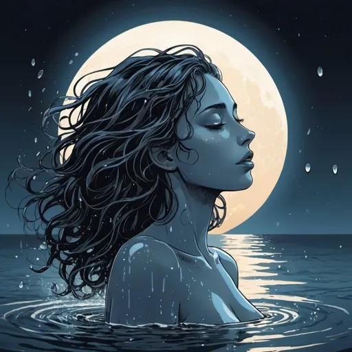 Prompt: Graphic novel style, vector art, 
a woman emerging from water, taking a deep breath , radiant moonlight filtering through the surface, detailed water droplets on skin, flowing hair , beach , night setting 