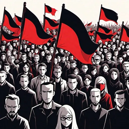 Prompt: A croud of people (men and women) start a Revolution with a black and red flag with a circle , graphic novel illustration,  Vector Style 