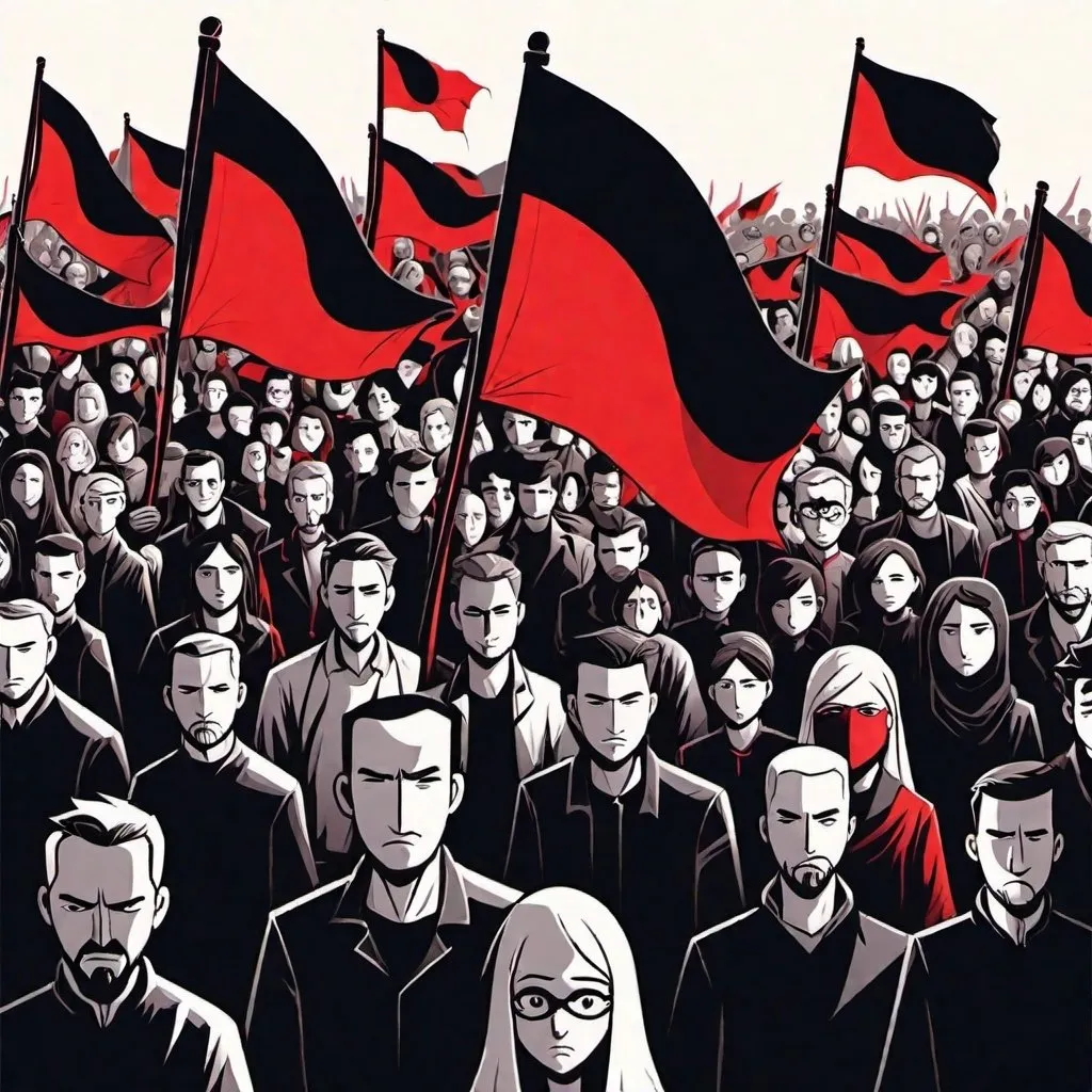 Prompt: A croud of people (men and women) start a Revolution with a black and red flag with a circle , graphic novel illustration,  Vector Style 