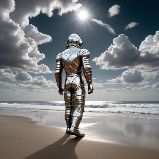 Prompt: M.c.escher style, metalic  spaceman on beach , clouds , god