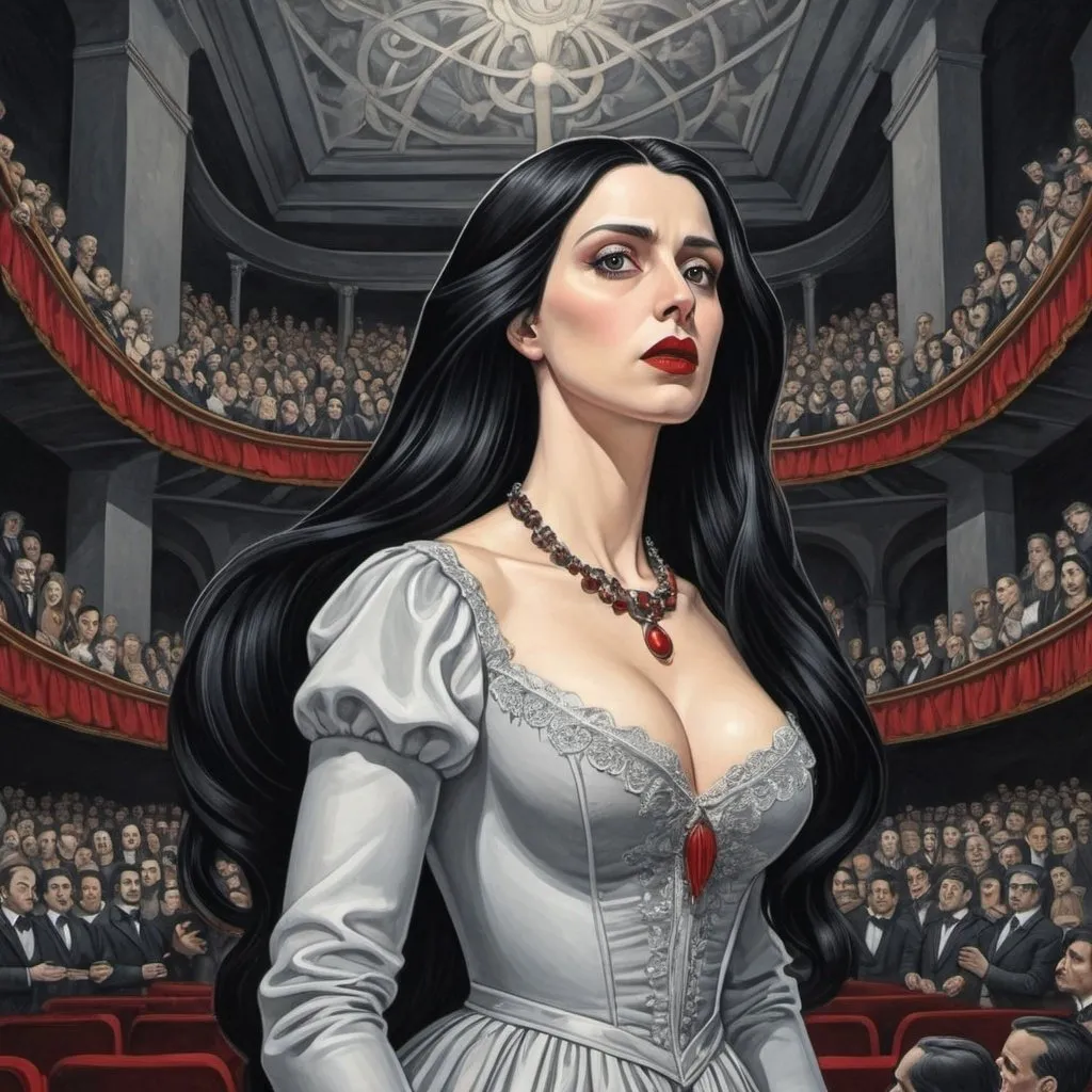 Prompt:  M.c.escher art style,  a 35-years-old blackhaired woman standing on an Opera stage , Lucia de lammermoor , long and extreme straight hair , red lips , neclace 