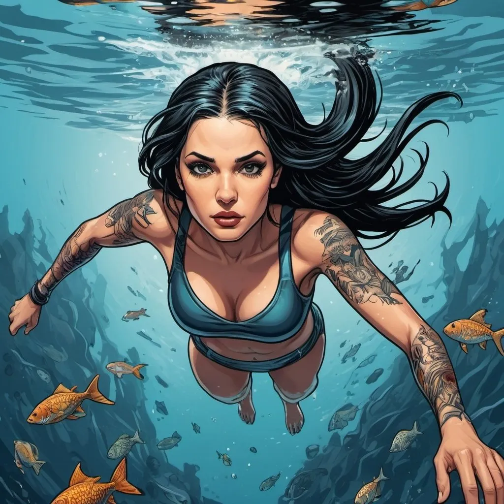 Prompt: M.C. Escher-inspired vector art of a stunning 35-year-old woman diving in the ocean , beach, graphic novel style, long straight black hair, beautiful with tattoos, wet body, cleavage, summer dream, colored, high quality, detailed tattoos, wet hair, graphic novel, stunning, M.C. Escher-inspired, vector art, summer colors, pool reflection, artistic, professional
