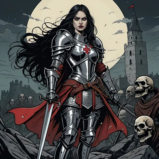 Prompt: Graphic novel illustration of a 35-year-old female medieval knight in battle standing on a rock, long straight black hair, red lips , long eyelashes,  diabolic smile,  wielding a sword and shield with coat of arms, night setting with a lot of dead bodies and blood, vector style, Will Eisner-inspired, intense and dark, detailed armor, dramatic lighting, high quality, atmospheric