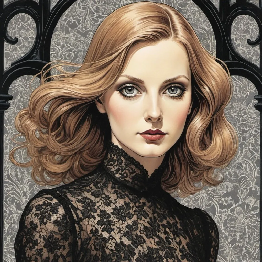 Prompt: Colored Graphic novel style , comic book cover, black lace dress, face of young greta garbo,  long and extreme straight hair , M.c.escher 