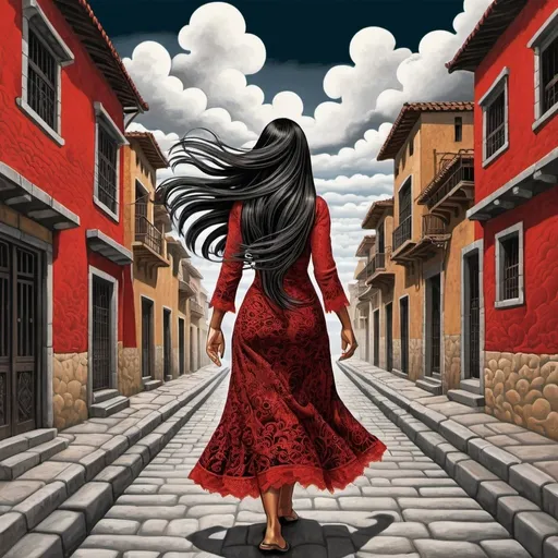 Prompt:  M.c.escher image of a Peruvian woman walking in city street, clouds , river ,  long and extreme straight hair,  inspired by Will Eisner, vibrant and expressive, detailed black and red lace dress , dynamic composition, strong and confident posture, high quality, vibrant, detailed traditional clothing, expressive facial features, dynamic composition, confident posture, professional, warm color tones