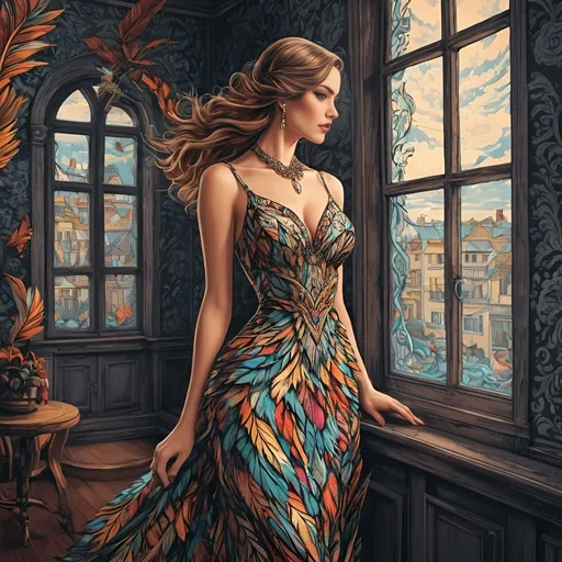 Prompt: Graphic novel style vector art of a woman with an extraordinary M.C. Escher inspired dress made of colored feathers, standing elegantly by a window, with a window and necklace, vibrant colors, intricate details, high-contrast shading, unique geometric patterns, surreal atmosphere, artistic, detailed feathers, elegant pose, best quality, vibrant colors, graphic novel style, vector art, M.C. Escher inspired, surreal, high contrast shading, intricate details