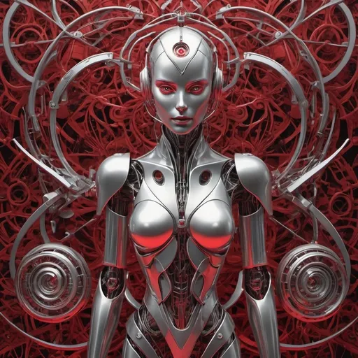 Prompt: M.c.escher style,  a silver robot woman in an infinite red space 