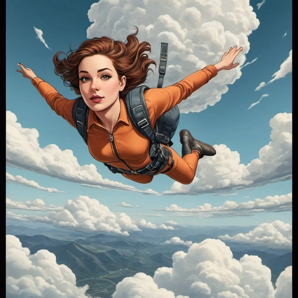Prompt: Will Eisner-style,  Graphic novel illustration, color , graphic novel style,  vector style,  a beautiful  30-year-old woman skydiving , clouds , m.c.escher 
