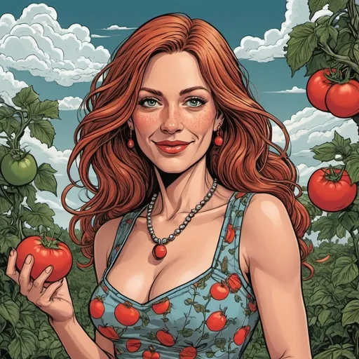 Prompt: Graphic novel vector art of a beautiful 45-year-old woman holding a tomato, freckles , long and extreme straight hair,  neclace , summerdress , diabolic smile,  garden , clouds , M.C.Escher style, detailed big cleavage, vibrant color palette, high contrast, professional, detailed, graphic novel style, vector art, balanced composition, intricate linework, high quality, vibrant colors, dramatic lighting