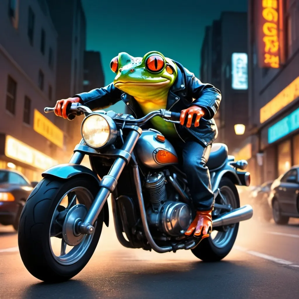 Prompt: Graphic novel style,  a frog on a motorbike