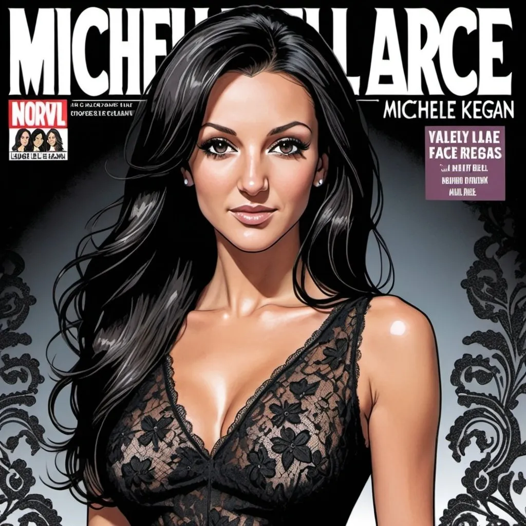 Prompt: Graphic novel style , comic book cover, black lace dress, face of michelle keegan,  long and extreme straight hair,  long nose , 40-years-old