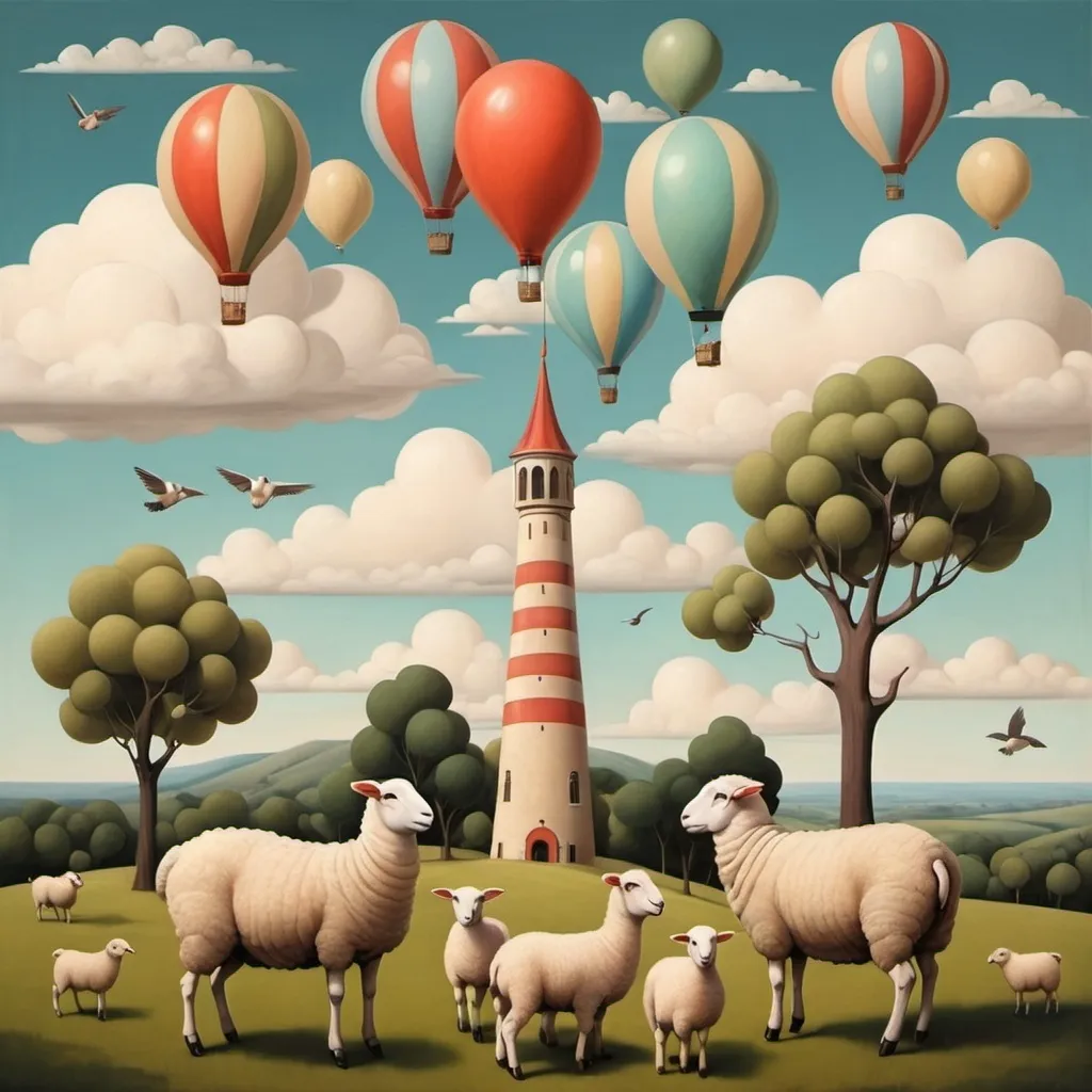 Prompt: Surrealism , colored, meredith Frampton inspired,  clouds , birds ,  sheeps , balloons,  tower