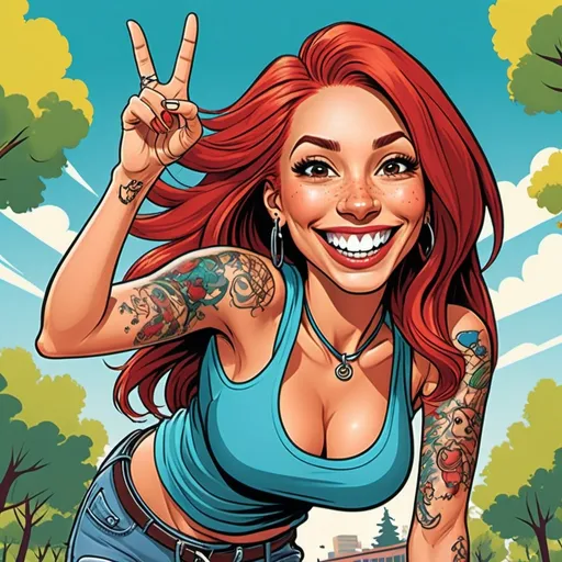 Prompt: Graphic novel style , vector art style, 
 colored, funny cartoon style portrait of a woman with big smile , long nose , free belly button with piercing , tattoos , long and dark eyelashes,  full body view , long and extreme straight red hair  , waving hand , park scene , dog on a leash,  , sunny day , colorful t-shirt,  cleavage 