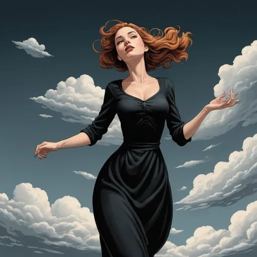 Prompt: Will Eisner-style,  Graphic novel illustration, color , graphic novel style,  vector style,  a beautiful  30-year-old woman in black dress floating in sky , clouds , m.c.escher 