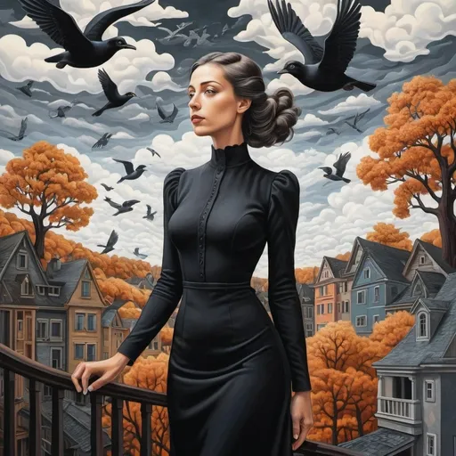 Prompt: Colored oil painting of a woman in M.C. Escher style, black lacd dress , detailed vector art , trees , birds ,   heaven , clouds ,  houses , highres, detailed, M.C. Escher style  , vector art, detailed, colored, heaven, detailed