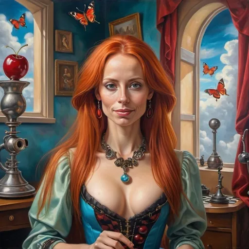 Prompt: Surreal oil painting of a redheaded  woman with an extreme straight hair, face of sofia helin , wearing a colorful Renaissance garment ,cleavage, neclace, butterfly ,  spider , spoon , cherries , standing in a very weird surrealism chessroom with a gramophone, dreamy clouds outside the window , vivid colors, surrealism, Renaissance style, extreme straight hair, diabolic smile, dreamy clouds