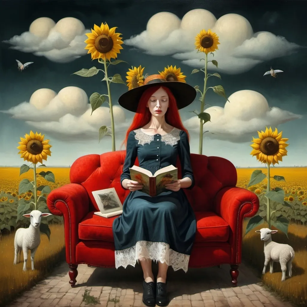 Prompt: Surrealistic oil painting , she is sitting on a fancy red couch in a sunflower field , she reads a book in her hands, hat with a wide round brim, redheaded 40-year-old woman with a lace dress with flower patterns, long and extreme straight hair , clouds ,  one single black sheep , tower , Contemporary Surrealism, Catrin Welz-Stein, Thomas Dodd, Andrea Kowch, Salvador Dali