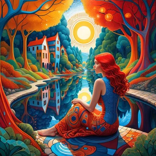 Prompt: Hundertwasser and M.c.escher,  a woman with red hair , sun , trees , river