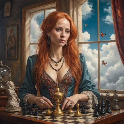 Prompt: Surreal oil painting of a redheaded  woman with an extreme straight hair, face of sofia helin ,  wearing a colorful Renaissance garment,cleavage, neclace, butterfly ,  spider , spoon , sherries , standing in a surrealism chessroom with a gramophone, dreamy clouds outside the window, highres, detailed, vivid colors, surrealism, Renaissance style, extreme straight hair, diabolic smile, Sofia Helin, chessroom setting, dreamy clouds, professional lighting