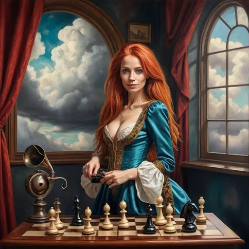 Prompt: Surreal oil painting of a redheaded woman with an extreme straight hair, diabolic smile, and the face of Sofia Helin, wearing a colorful Renaissance garment,cleavage, 
 standing in a surrealism chessroom with a gramophone, dreamy clouds outside the window, highres, detailed, vivid colors, surrealism, Renaissance style, extreme straight hair, diabolic smile, Sofia Helin, chessroom setting, dreamy clouds, professional lighting