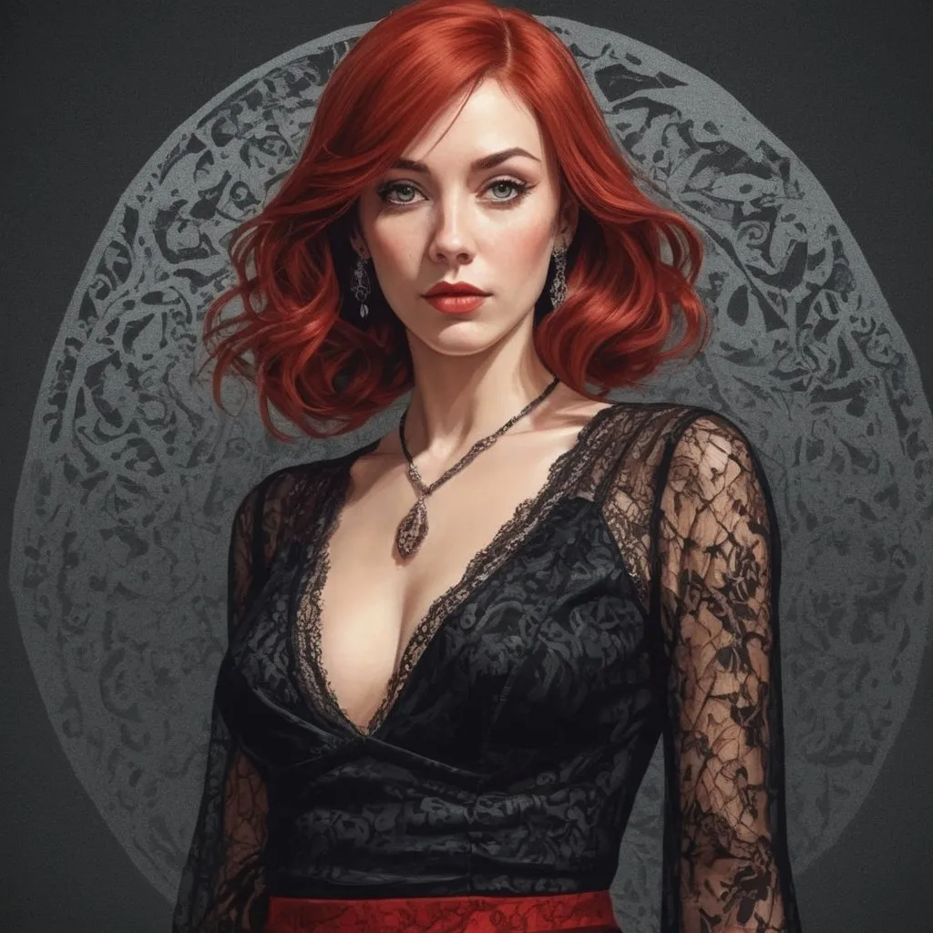 Prompt: M.c.Escher inspired,  graphic novel style , vector art style , 40-year-old woman in black lace dress with red hair, pleated skirt , cleavage, neclace , long and extreme straight hair 
