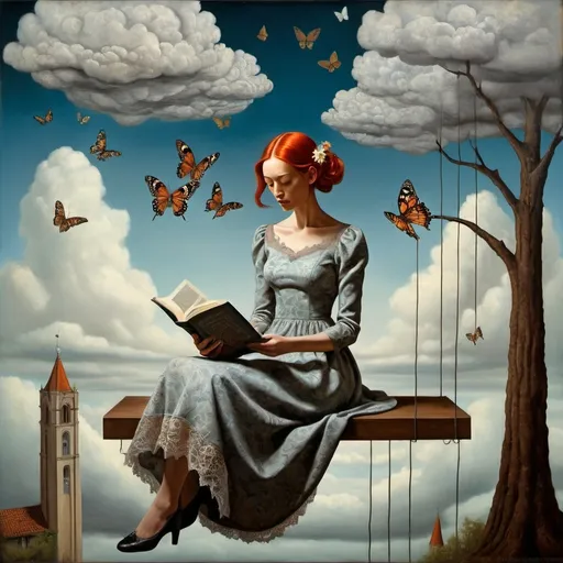 Prompt: Surrealistic oil painting , she is sitting on a steel wire in the air , she reads a book in her hands, flowers in hair , redheaded 40-year-old woman with a lace dress with flower patterns ,  long and extreme straight hair , clouds , butterflies , tower , trees , Contemporary Surrealism, Catrin Welz-Stein, Thomas Dodd, Andrea Kowch, Salvador Dali , M.C.Escher