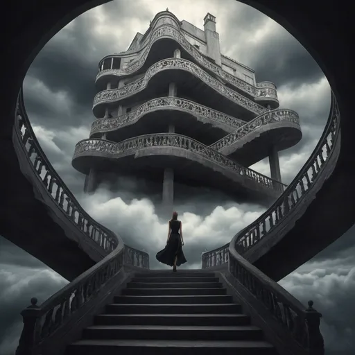 Prompt: M.C. Escher-inspired infinite hall with a woman in black dress, walking down the stairs, looking towards camera, stairs, sky, clouds, colored, foggy , professional, detailed woman, surreal, infinite perspective, atmospheric lighting