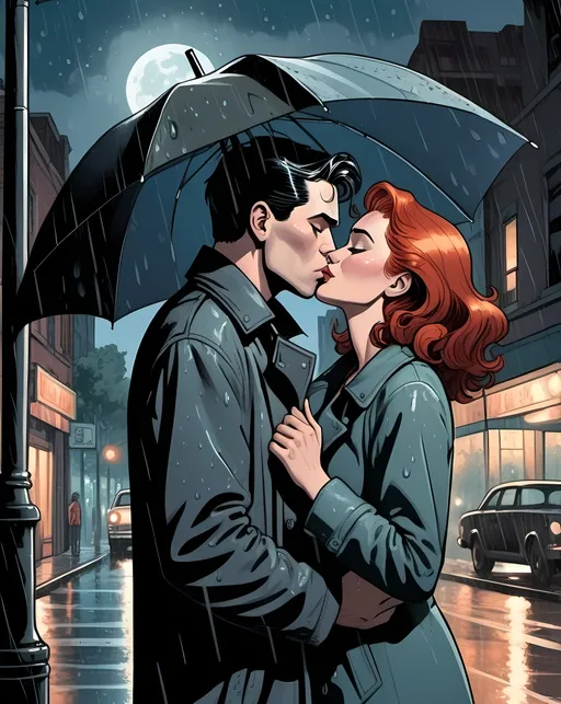 Prompt: A kissing couple , redheaded woman , a man with black hair , standing on a street , umbrella ,  wet hair , wet clothes, Raindrops , rain , thunder , city , night , stars , moon , detailed, dark colors, dramatic, graphic novel illustration,  2d shaded retro comic book