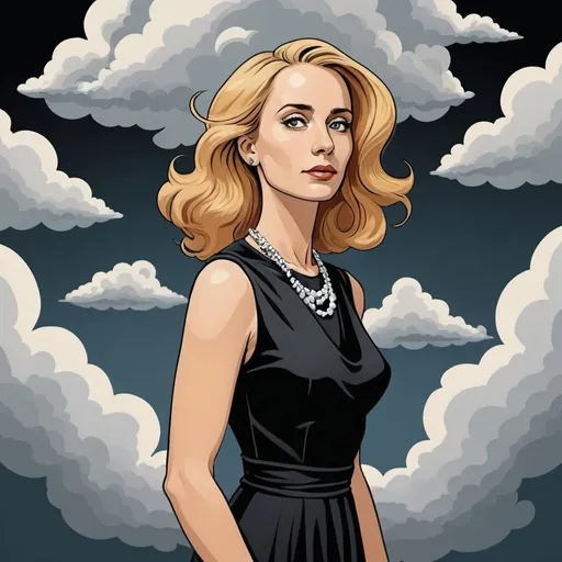 Prompt: Will eisner cartoon style , graphic novel style,  vector art,  color, sofia helin wearing black dress,  clouds in M.c.escher style,  neclace 