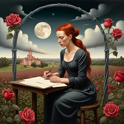 Prompt: Surrealistic oil painting , a woman sitting on a steel wire writing a letter in a roses field, looking to camera,  redheaded 35-year-old  woman with braids , detailed face , cleavage,  trees , round  tower, bridge , clouds , moon light , night scene ,  Contemporary Surrealism, Catrin Welz-Stein, Thomas Dodd, Andrea Kowch, Salvador Dali , M.C.Escher