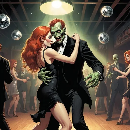 Prompt: Image of a beautiful redheaded woman in black dress dancing romantically with an ugly zombie in a dance hall, Disco Ball, graphic novel style , will eisner style 