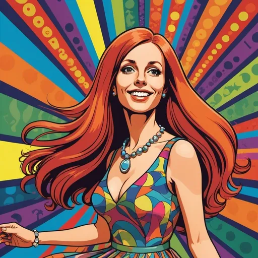 Prompt: A 60s style psychedelic poster,    m.c.escher style, graphic novel style , vector art style, colored , a dancing redheaded  woman with long and extreme straight hair,  face of sofia helin , wearing a colorful swinging sixties dress with mini-skirt, smile ,cleavage, neclace, spotlight , 60s Album Covers,  vivid colors