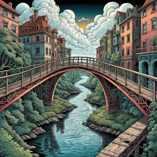 Prompt: Graphic novel style illustration of an Escher-inspired river scene, bridge , clouds, vibrant and surreal colors, intricate details, high quality, detailed pen strokes, abstract, surreal, graphic novel, Escher-inspired, vibrant colors, river setting, intricate details, professional, atmospheric lighting