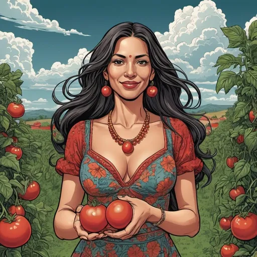 Prompt: Graphic novel vector art of a beautiful 45-year-old peruvian woman holding a tomato, freckles , long and extreme straight  hair,  neclace , summerdress , diabolic smile,  garden , clouds , M.C.Escher style, detailed big cleavage, vibrant color palette, high contrast, professional, detailed, graphic novel style, vector art, balanced composition, intricate linework, high quality, vibrant colors, dramatic lighting