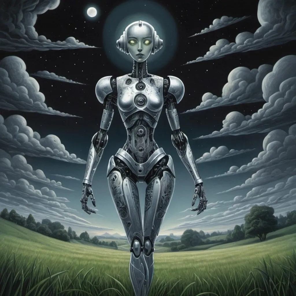 Prompt: M.C. Escher-style illustration of a silver and black patterned robot-woman, standing in a green field at night, silver face, blue sky with clouds, one UFO, detailed mechanical design, surreal atmosphere, high quality, M.C. Escher, intricate patterns, monochrome color scheme, futuristic, night setting, surrealistic, detailed landscape, professional lighting