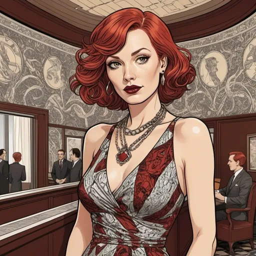 Prompt:  Graphic novel style,  vector style,  beautiful  40-year-old redheaded woman in hotel lobby, snakes patterns dress in m.c.escher style,  neclace , dark red lips , Make-up,  short and extreme straight hair, the style of milo manara 