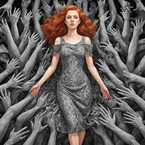 Prompt: Grapgic novel style , digital vector style,  A redheaded woman in a dress completely made of hands ,posing on a stage , detailed,  M.c.escher 