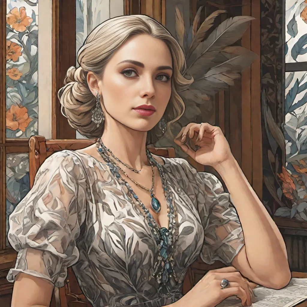 Prompt: M.c.Escher style , graphic novel style , vector art style,  upper body , color , A woman with a extraordenary dress made of colored feathers sitting on chair , window ,  face of sofia helin,  neclace 