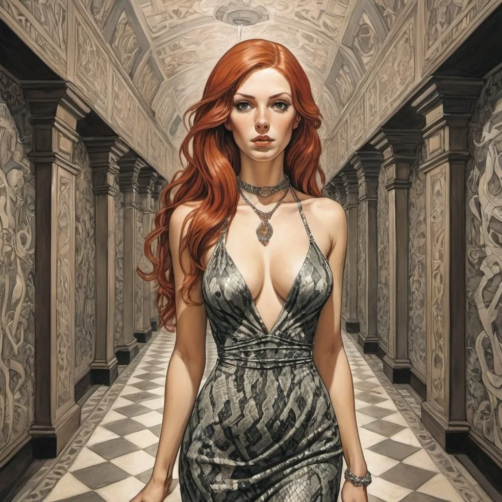 Prompt: M.c.Escher , a beautiful redheaded woman in hall, snakes dress , neclace , long and extreme straight hair, the style of milo manara 