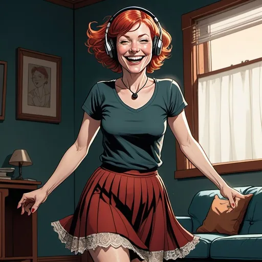 Prompt: illustration of a dancing 45-year-old redhead woman with headphones on , short red hair, rays of light, dancing in livingroom, short hair, t-shirt and pleated skirt, neclace, happy face expression, Long nose, full Body, graphic novel, detailed facial features, high contrast, vintage comic style, dark and moody colors, detailed lace, professional, expressive eyes, atmospheric lighting,  detailed, dark colors, dramatic, graphic novel illustration,  2d shaded retro comic book