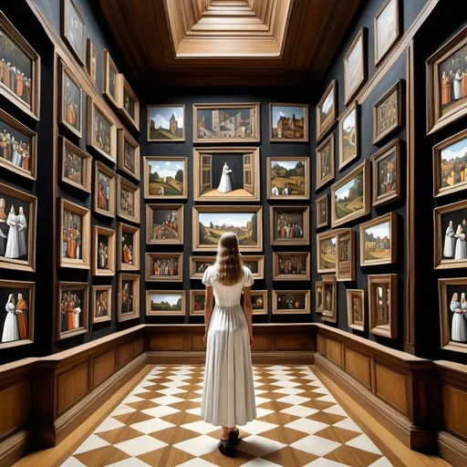 Prompt: M.C.Escher style , a wall full of Renaissance oil paintings  , woman in white dress standing in room 