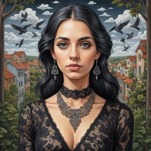 Prompt: Colored oil painting of a woman in M.C. Escher style, black lace dress with cleavage, very long extreme staight hair,  neclace,  earrings, 
Long eyelashes,  long nose , detailed vector art , trees , birds ,   heaven , clouds ,  houses , highres, detailed, M.C. Escher style  , vector art, detailed, colored, heaven, detailed