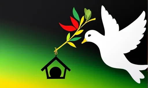 Prompt: (flag) black background, (white dove) pointing right with an olive branch in its beak, birdhouse in gradient yellow and green to the right, rumble in vibrant red to the left, high contrast colors, clean lines, eye-catching design, symbolic representation of peace and nature, HD, ultra-detailed